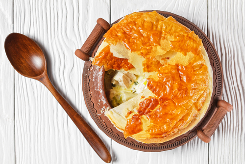 Chicken and leek pie with roasted potatoes 